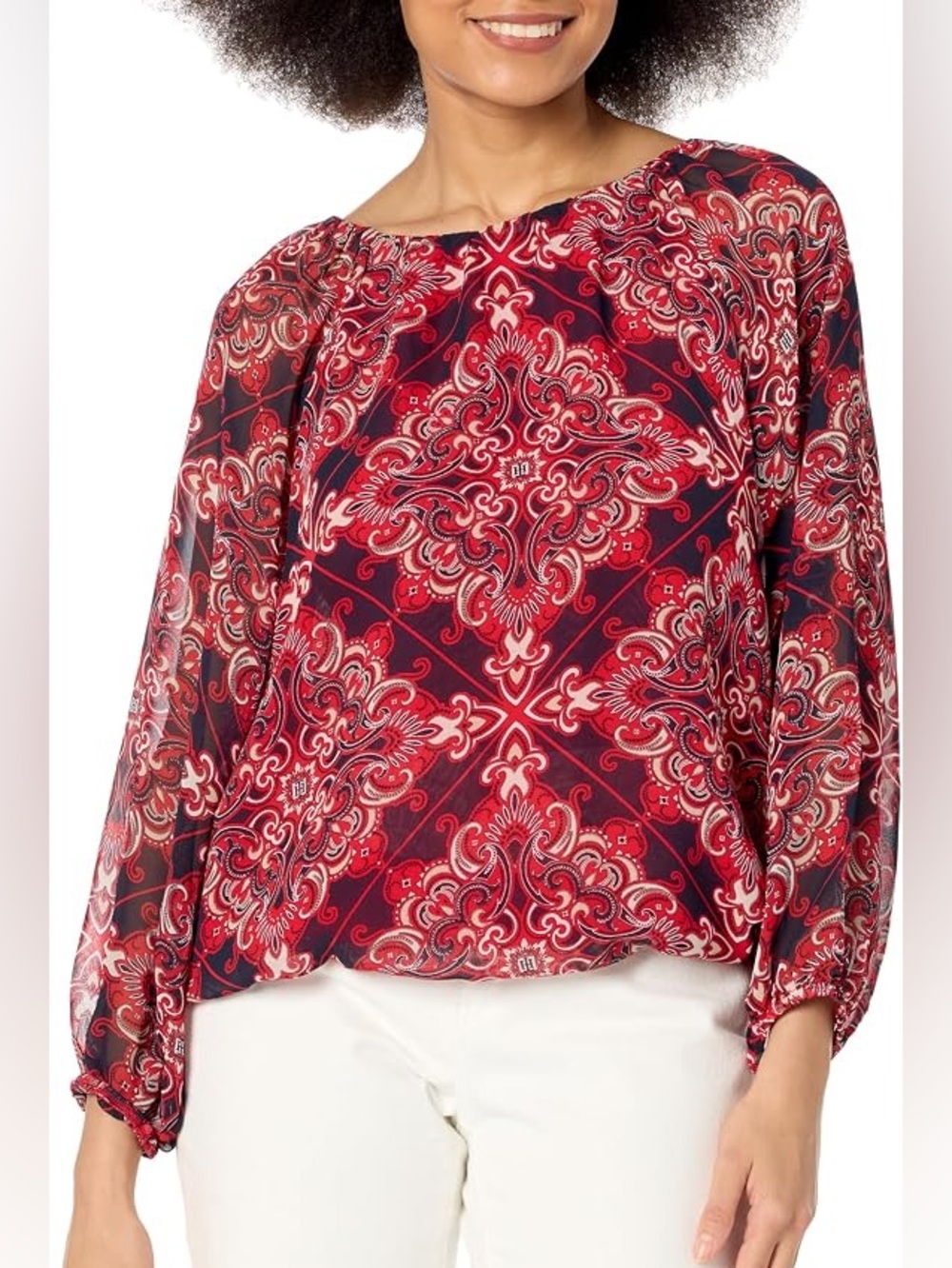 Tommy Hilfiger Women's Red Paisley Chiffon Bubble Blouse Long Sleeve Size Small
